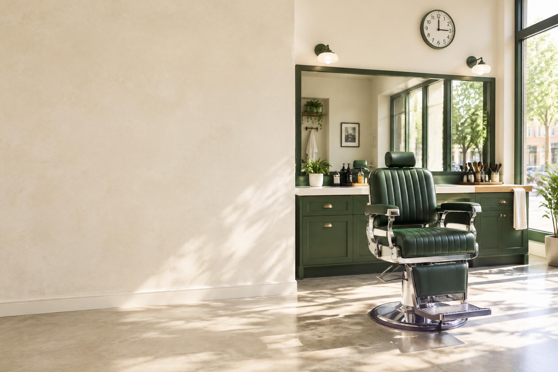Uma cadeira de barbearia vazia às 15h, durante o horário comercial